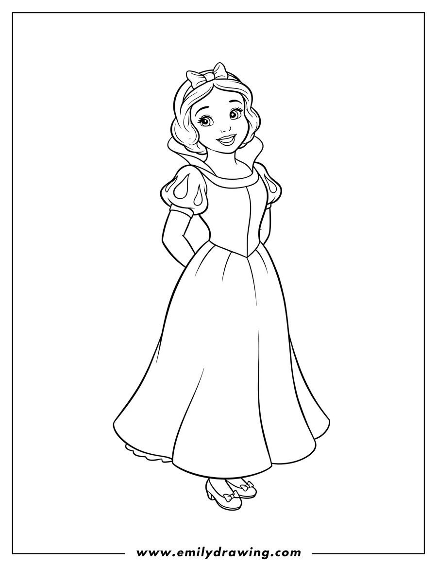Outline drawing of easy Outline Snow White To Color Scaled, smiling with hands behind her back