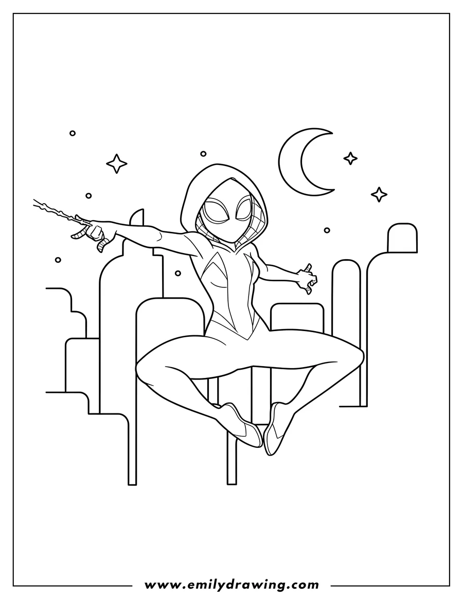 Vector style outline of easy Outline Spider Gwen web-slinging At Night Preschoolers
