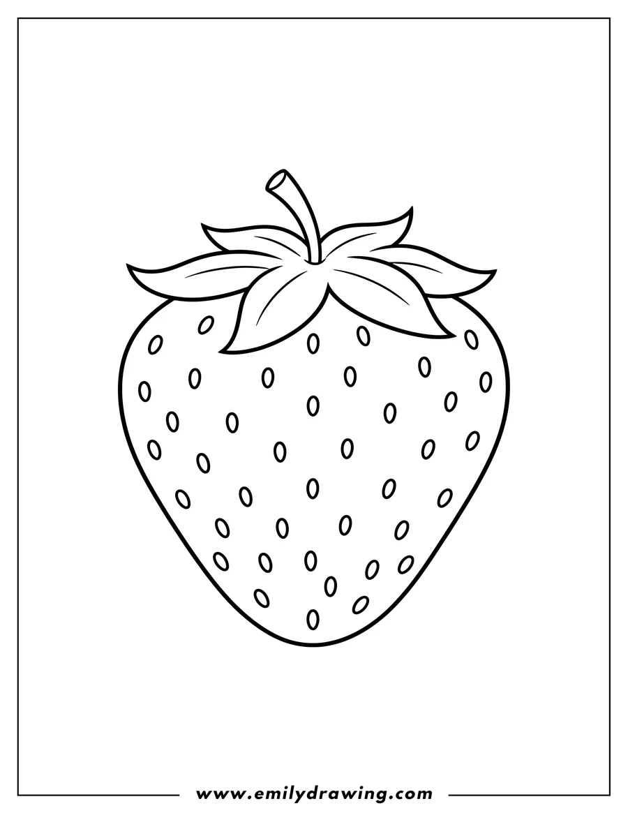 Linear illustration of easy Outline Strawberry with leaves and seeds