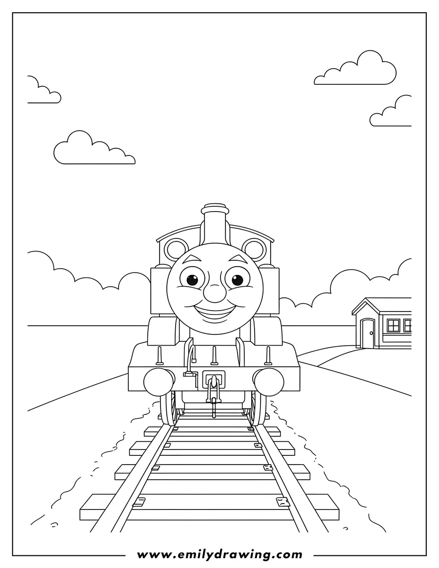 Coloring sheet featuring easy Outline Thomas Tank Engine smiling on train tracks