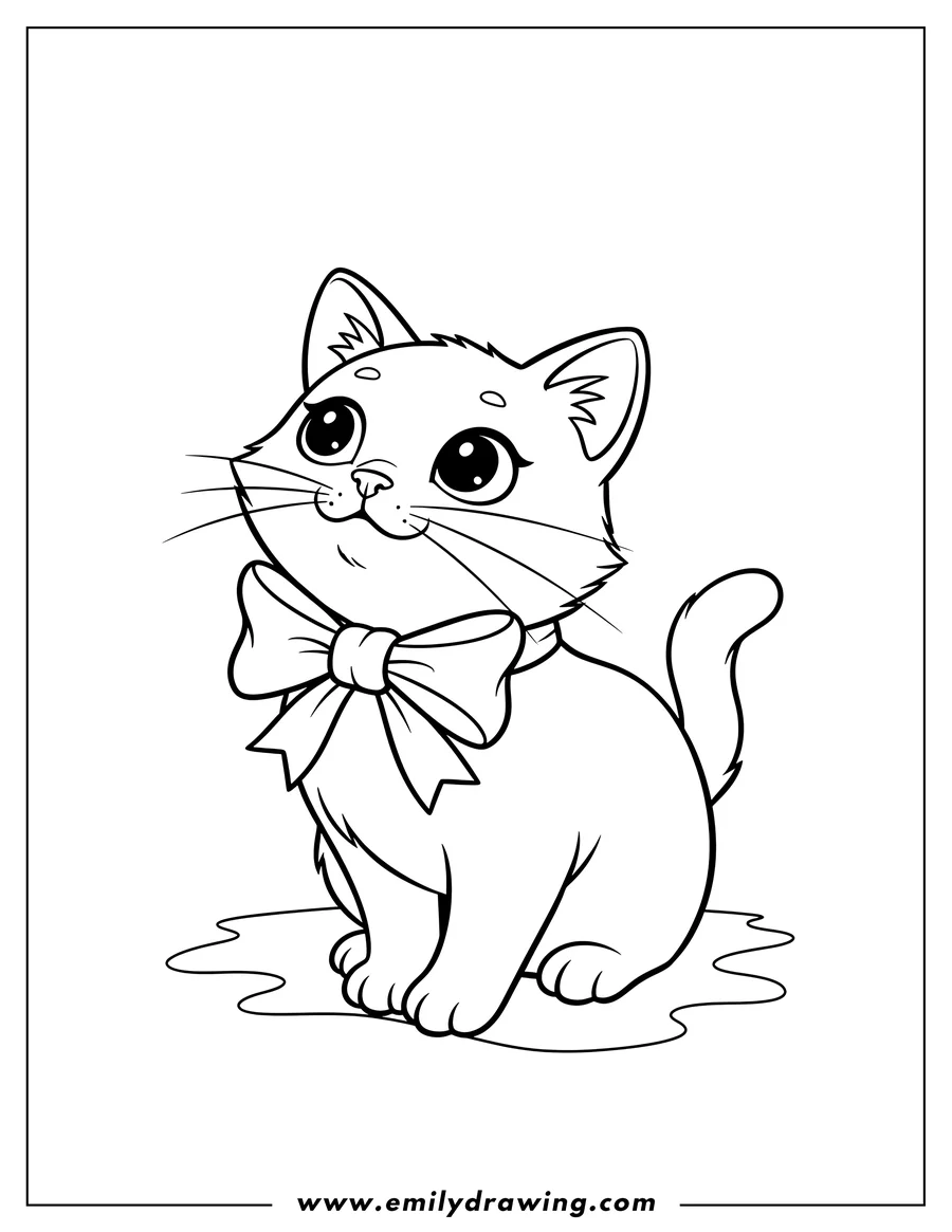 High quality printable easy Outline Toulouse Preschoolers, playful cat looking up wearing a bow for coloring