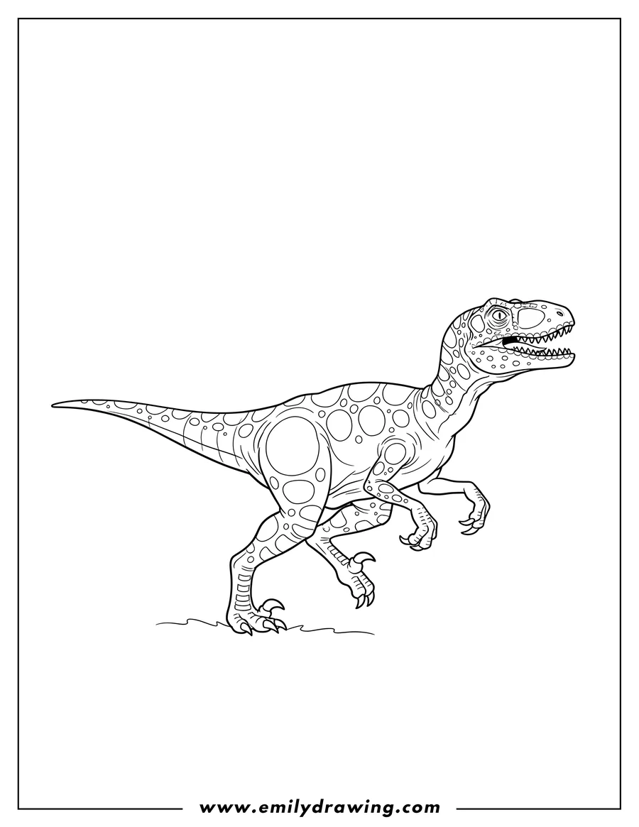 Black and white line art of easy Outline Velociraptor striding with mouth slightly open and long tail extended, To Color Scaled