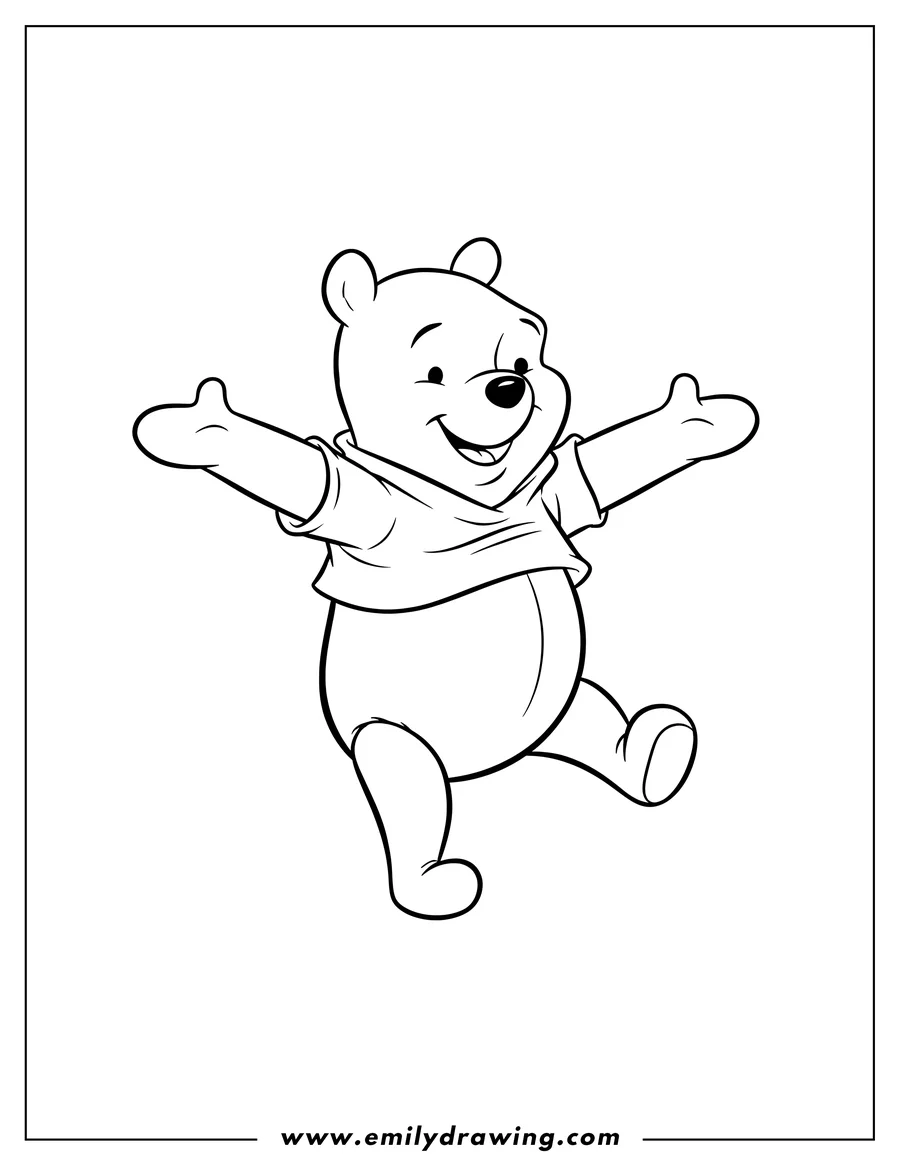 Free printable coloring sheet of easy Outline Winnie Pooh, smiling and standing with one leg lifted, to color Scaled