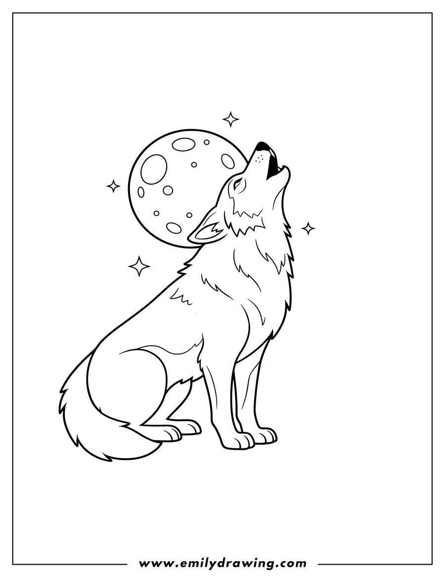 Printable coloring page of easy Outline Wolf Howling, looking up at the full moon