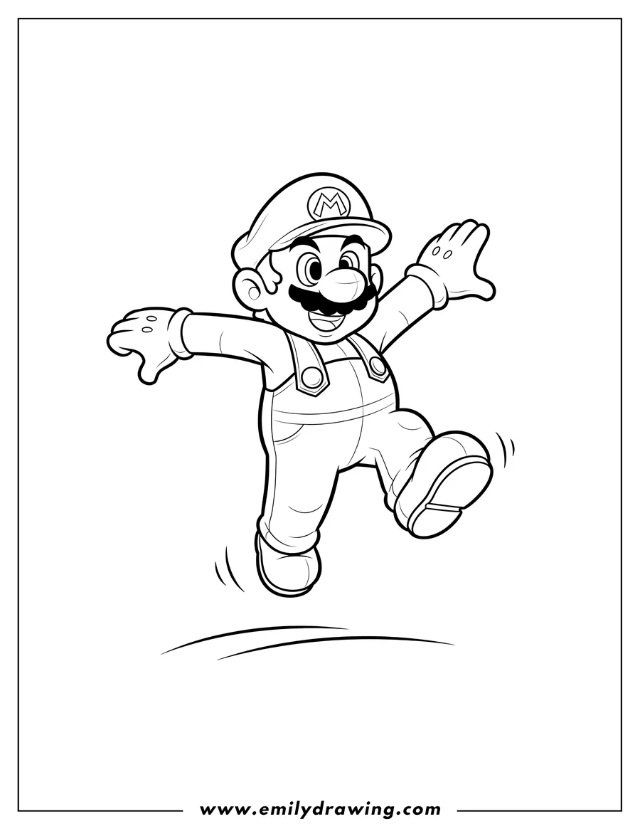Simple sketch of easy Paper Mario Scaled, jumping with a smile to color