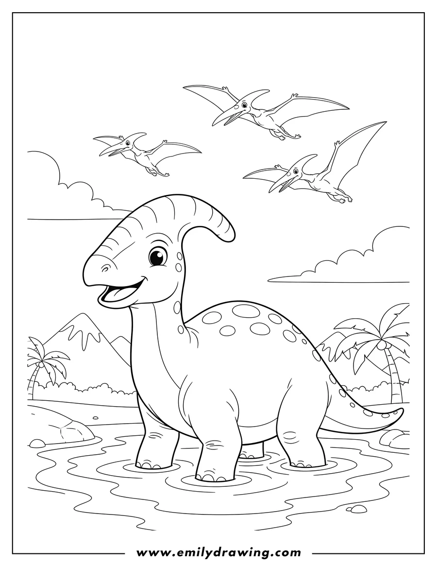 PDF style coloring page: parasaurolophus standing in water, with Pterodactyl background