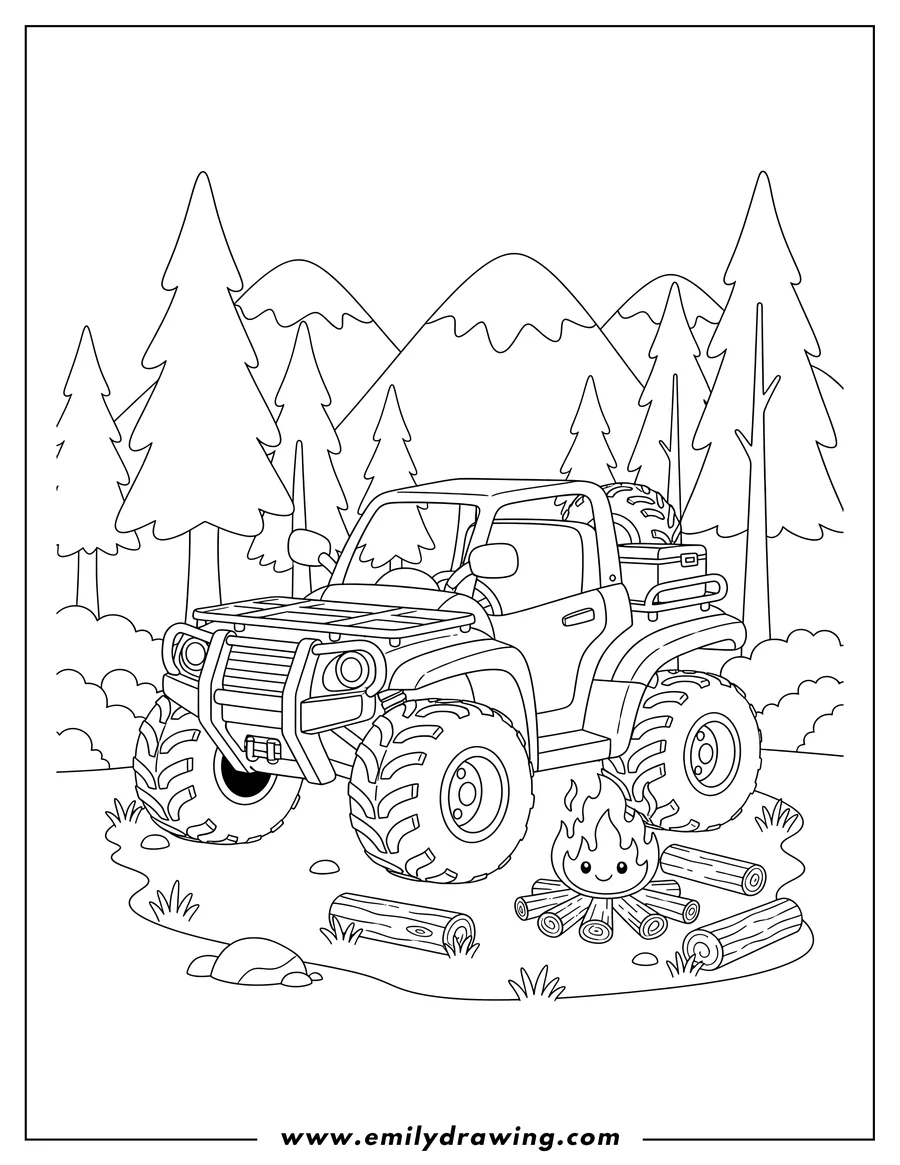 Coloring sheet featuring parked Adventure Atv With Burning Campfire In Scenic Mountain Forest