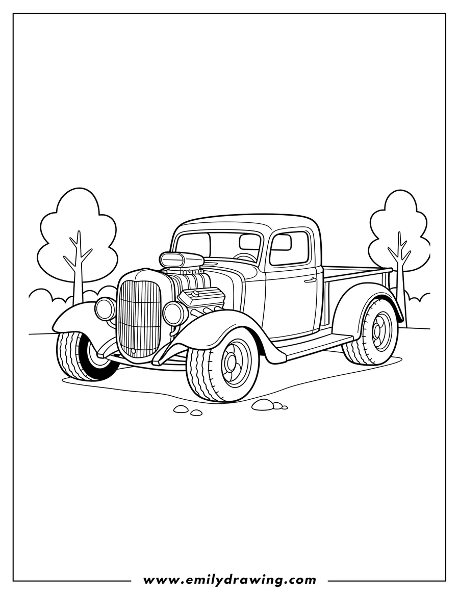 Doodle style coloring picture of easy Parked Hot Rod pickup truck