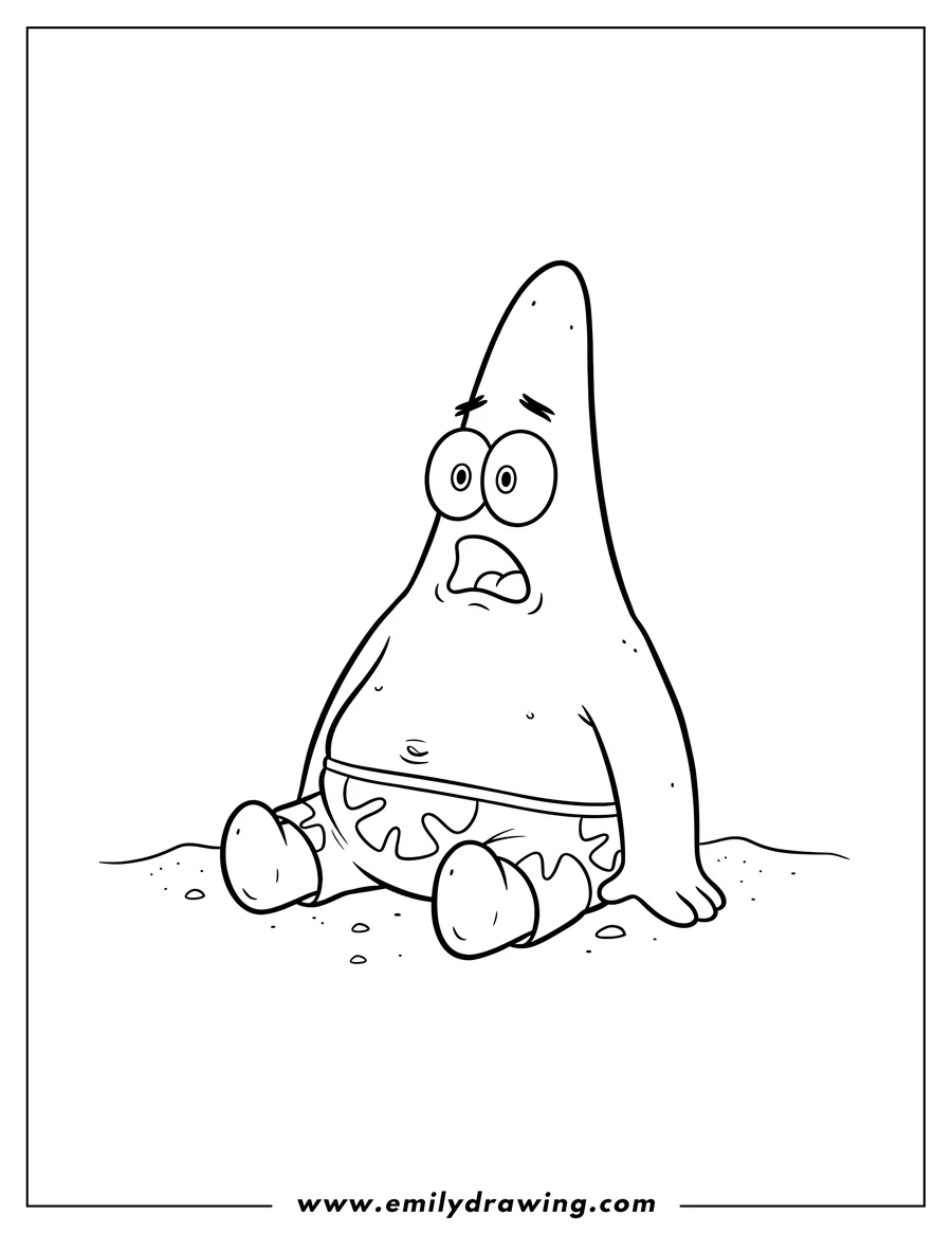 Vector style outline of patrick Star sitting on the ground, looking surprised with wide eyes