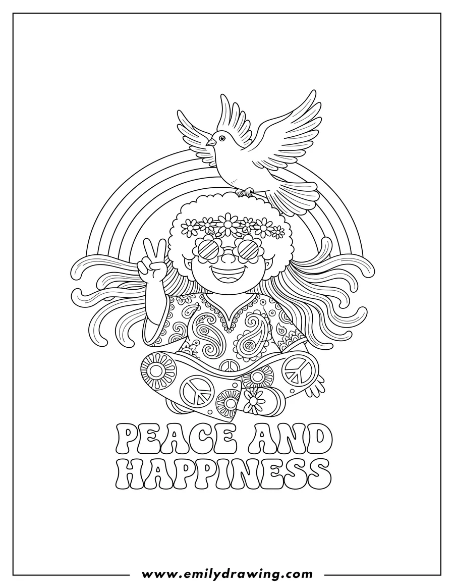 Black and white line art of peace And Happiness Hippie with groovy lettering, a flying dove, and a rainbow
