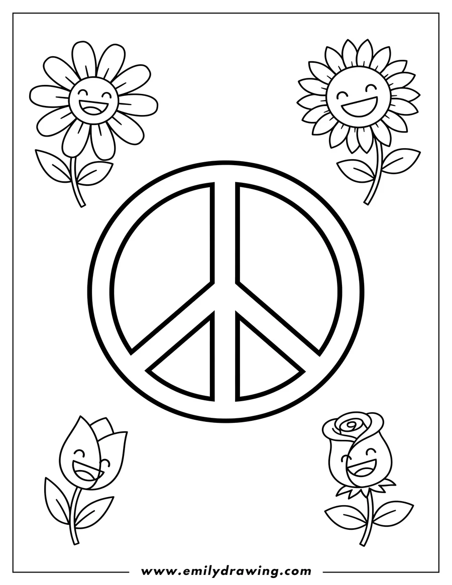 Downloadable coloring page of easy Peace Sign To Color with smiling flowers in the corners