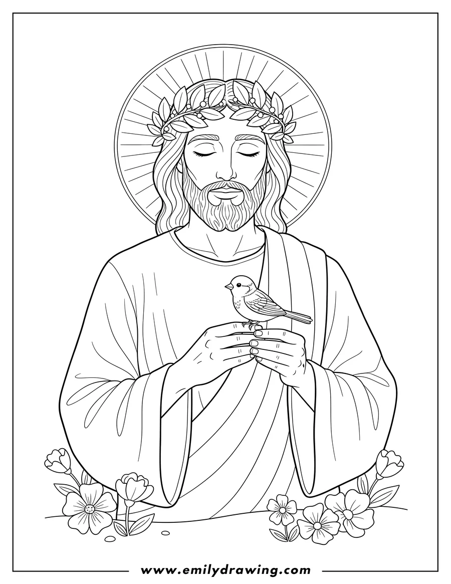 Black and white line art of peaceful Jesus with closed eyes, wearing a leaf crown, gently holding a small bird