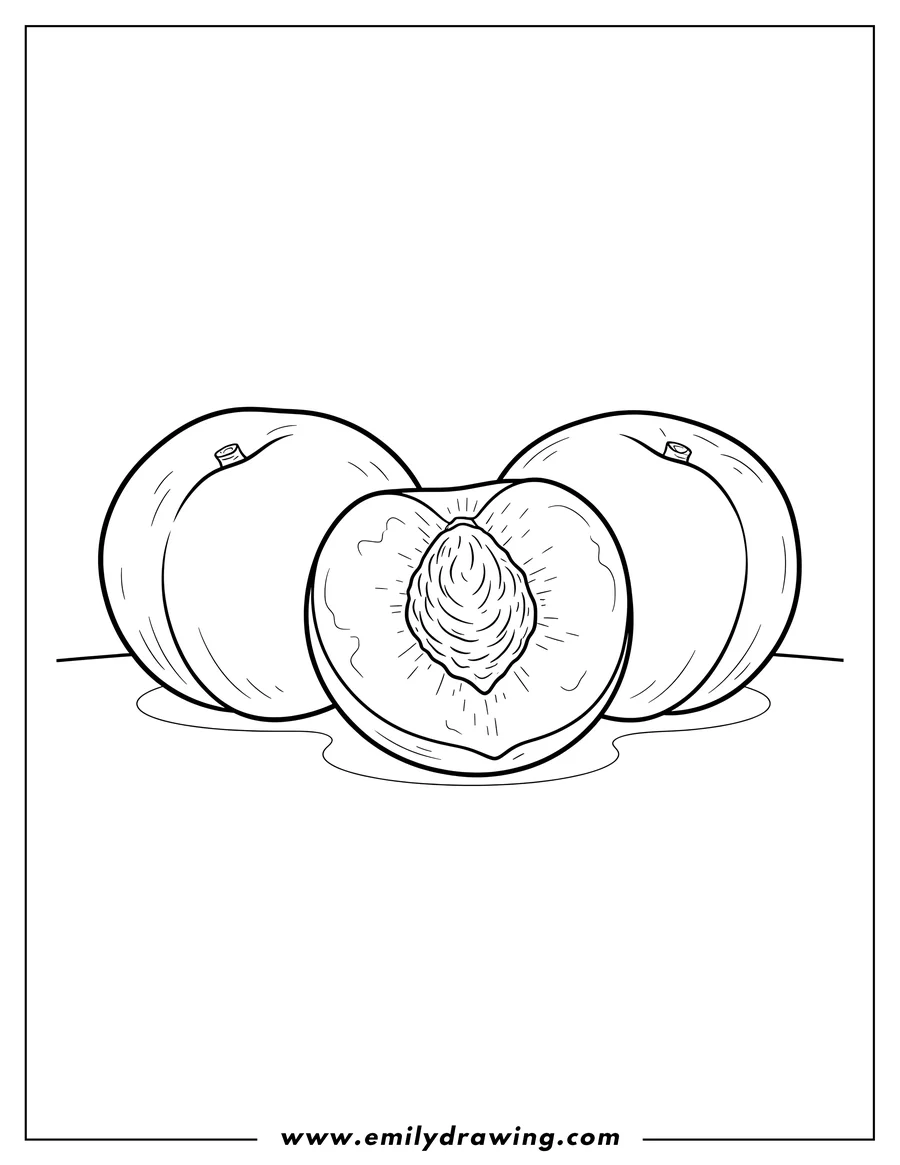 Vector style outline of easy Peaches, one cut open
