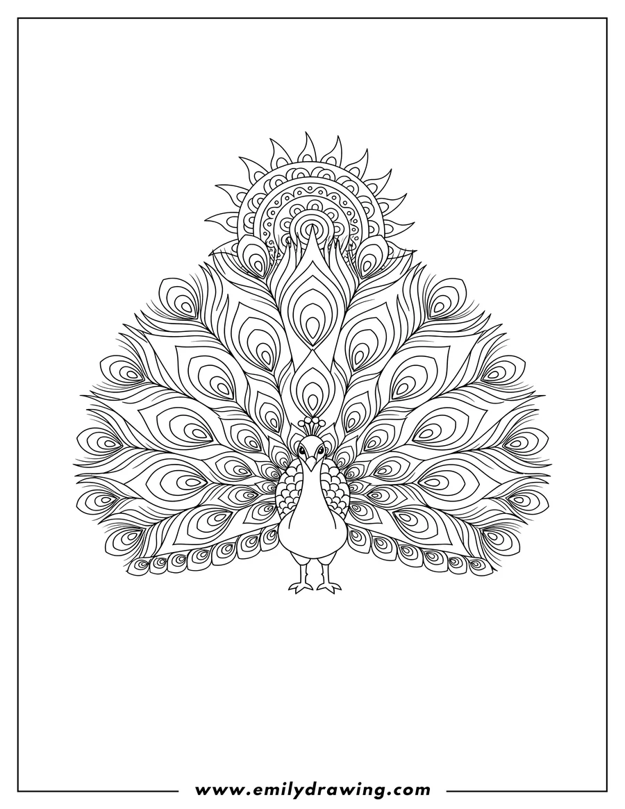 Vector style outline of peacock Flaring It Feathers Sun Scaled, standing with its tail widely fanned