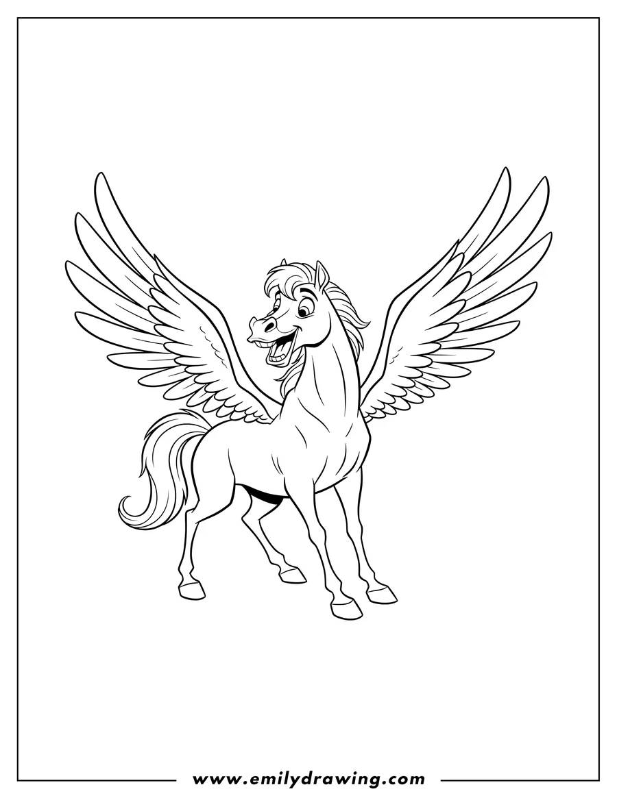 Free printable coloring sheet of easy Pegasus Hercules, looking over its shoulder with an open mouth