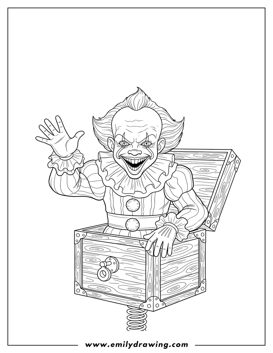 Coloring page for kids: pennywise Popping Out Wooden Box, grinning and waving