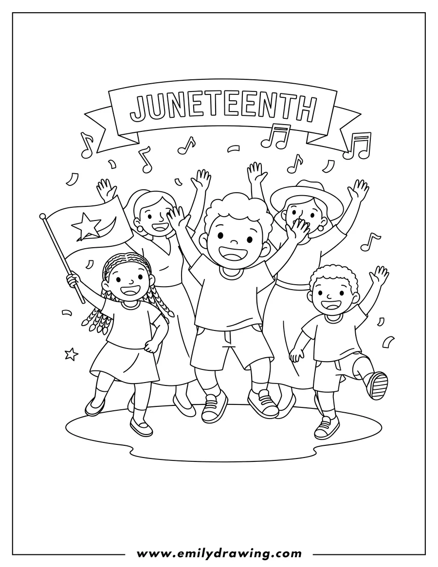 Free to print drawing of easy People Dancing And Celebrating Juneteenth, smiling and waving their hands in the air