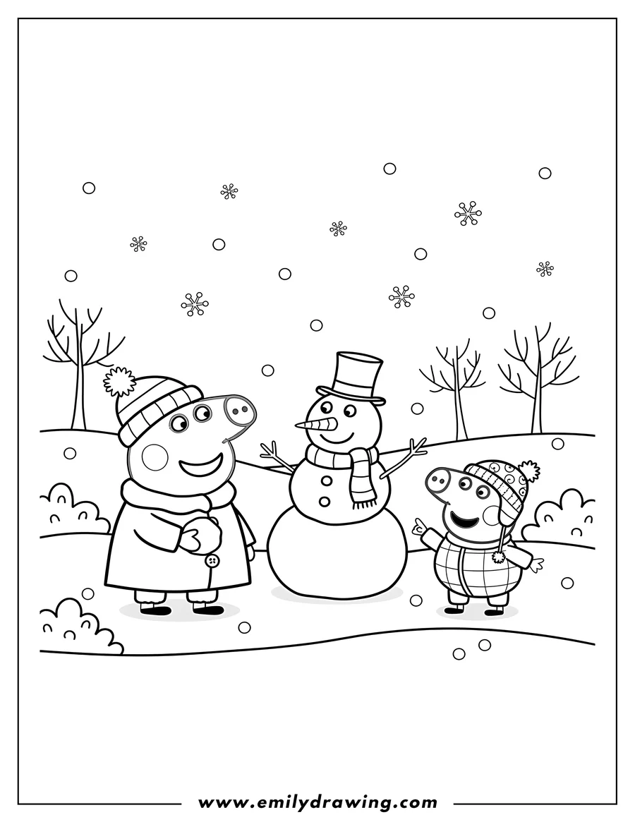 Linear illustration of peppa and George in a snowy scene with a snowman, all wearing winter hats