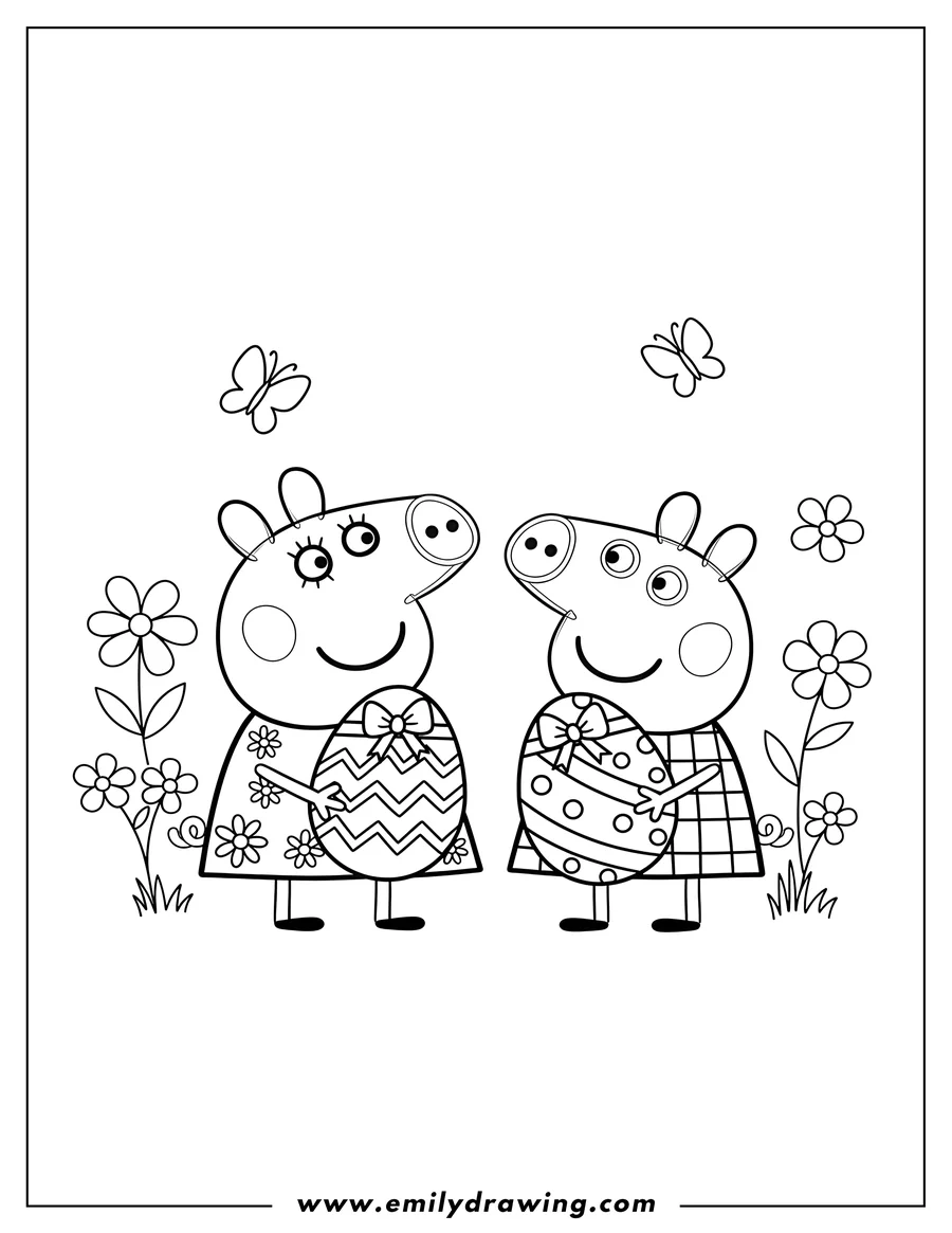 Full page coloring image of peppa and Suzy holding Easter eggs