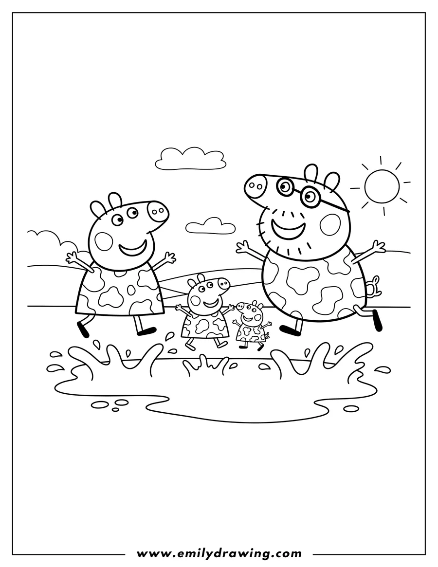 Vector style outline of peppa Pig family jumping in mud, all wearing cow print outfits, and Daddy Pig has glasses