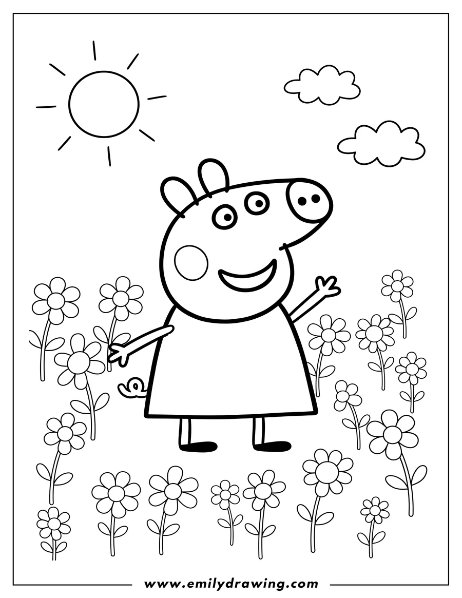 Coloring page for kids: peppa Pig smiling and waving in a field with flowers