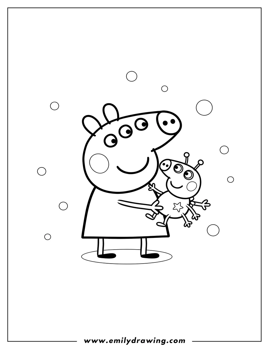 Printable coloring page of peppa Pig with three eyes holding a tiny, alien-like Suzy Sheep