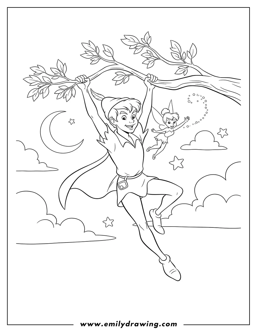 Printable coloring page of peter Pan flying, holding a tree branch, with Tinker Bell waving, in a night sky