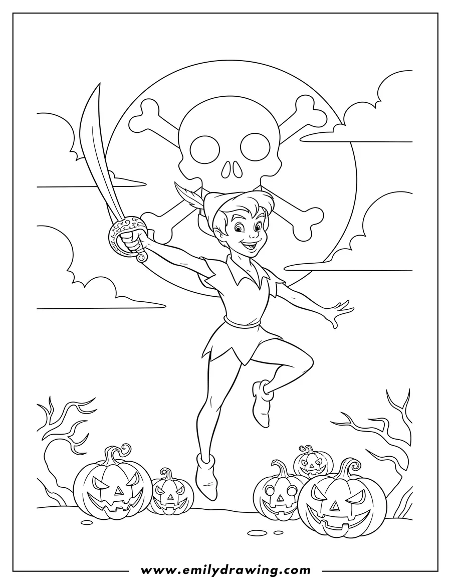 Downloadable coloring page of disney Halloween Peter Pan smiling and leaping with a pirate sword, with a full moon showing a skull and crossbones, and spooky jack-o'-lanterns