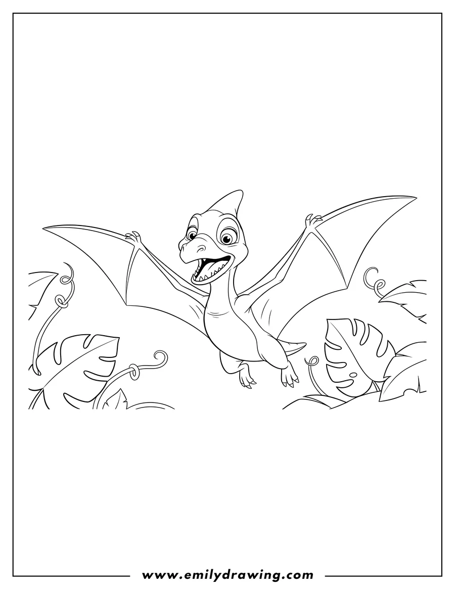 Printable line art of petrie flying through the jungle with wide eyes and an open mouth