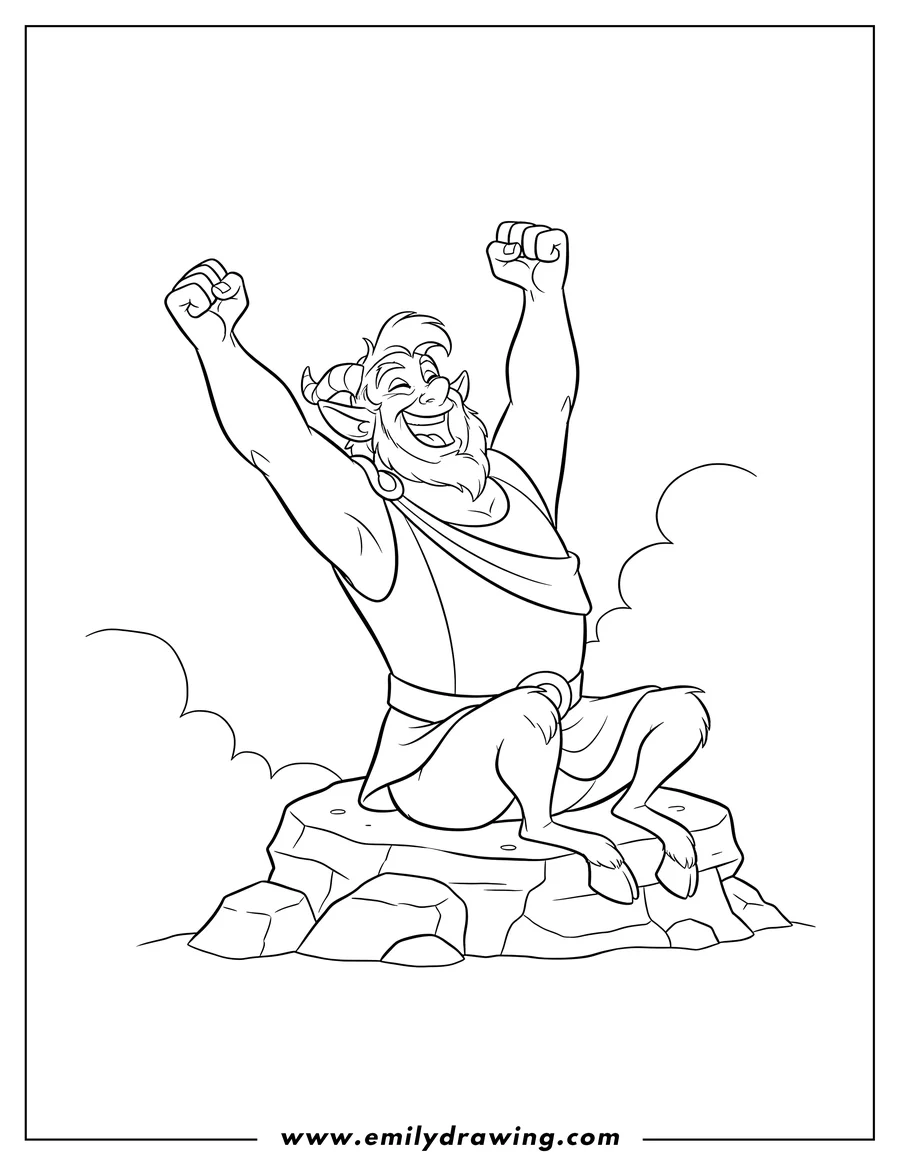 Coloring page for kids: phil From Hercules sitting, cheering with raised arms and open mouth
