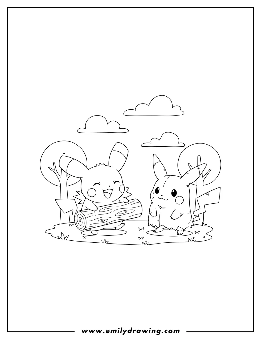 Simple sketch of pichu holding a log with Mimikyu standing beside it to color