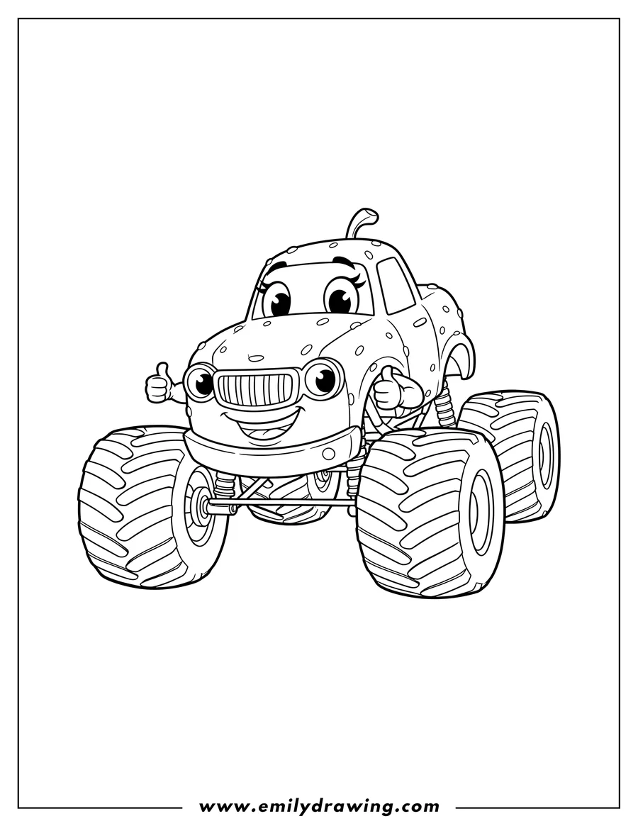 PDF style coloring page: pickle the monster truck smiling to color