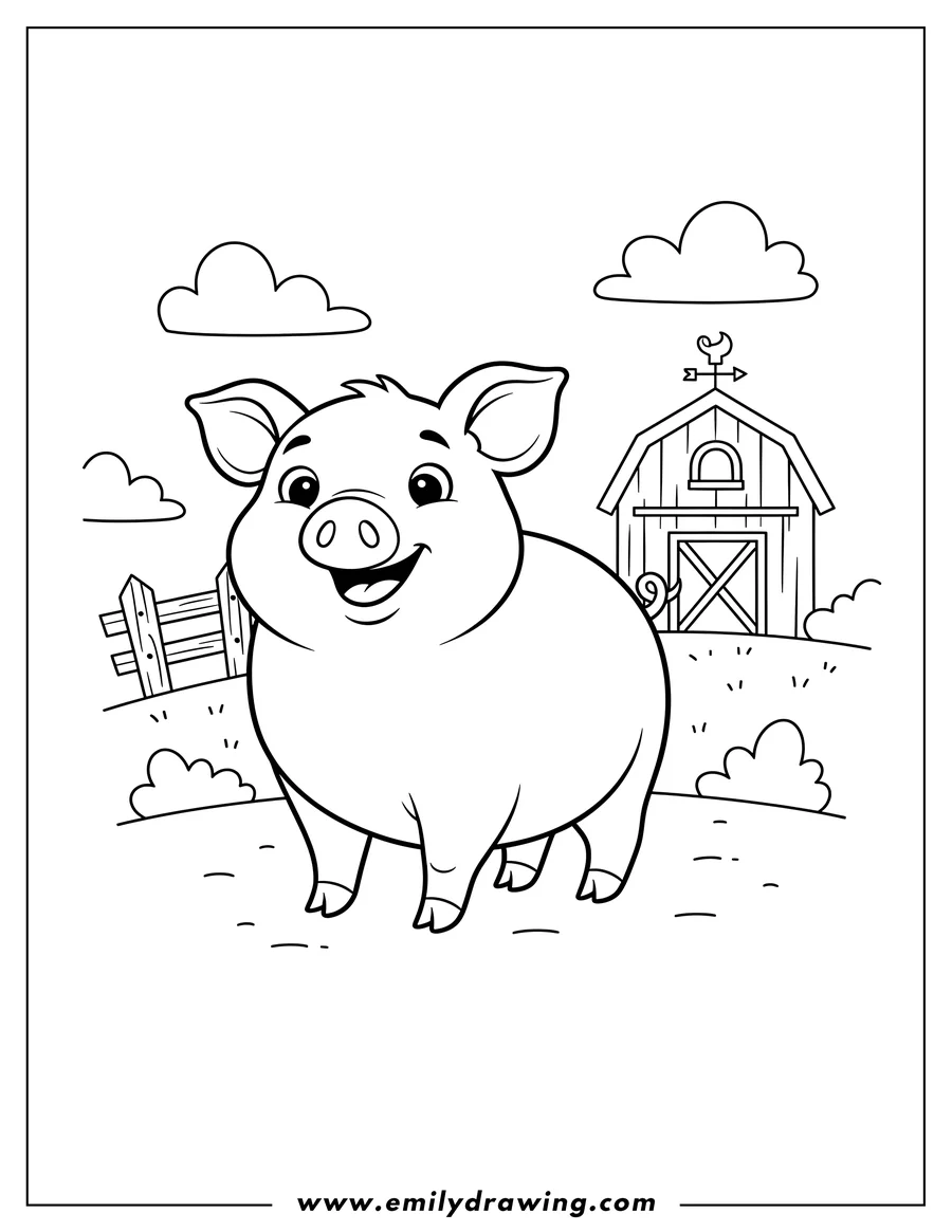 Printable coloring page of easy Picture Happy Pig Standing On Farm