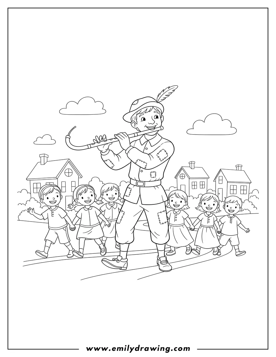 Doodle style coloring picture of pied Piper playing flute, leading children