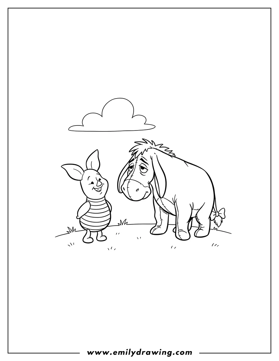 Outline drawing of piglet And Eeyore standing, Piglet smiling, and Eeyore looking sad