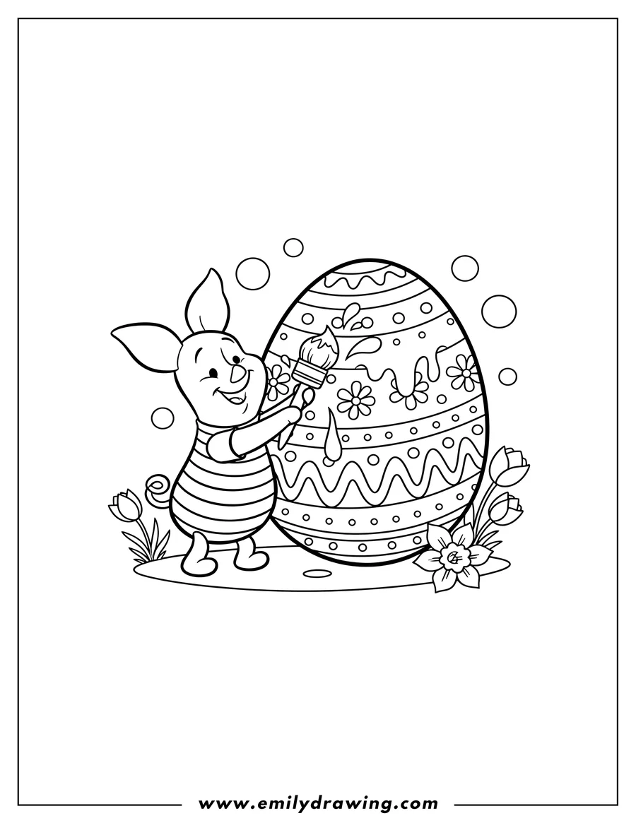Coloring page for kids: easy Piglet painting a large decorated Easter egg with a paintbrush
