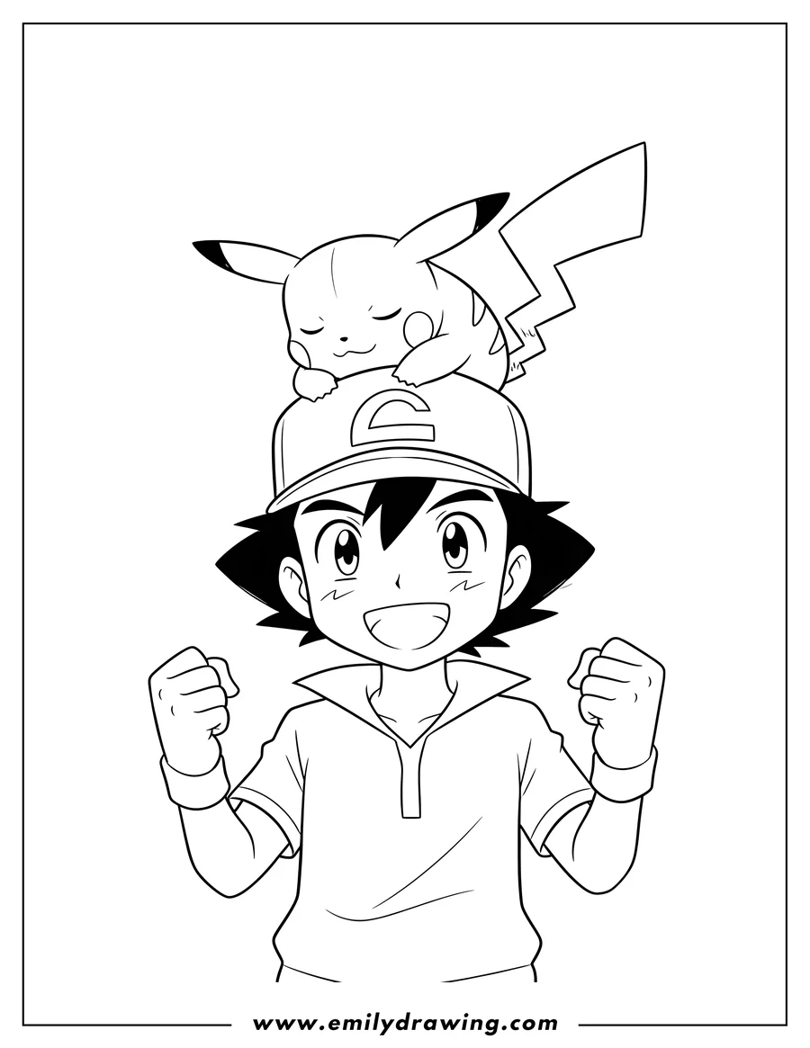 Coloring page of pikachu Resting On Ash Ketchum S Hat, Ash Smiling with Clenched Fists