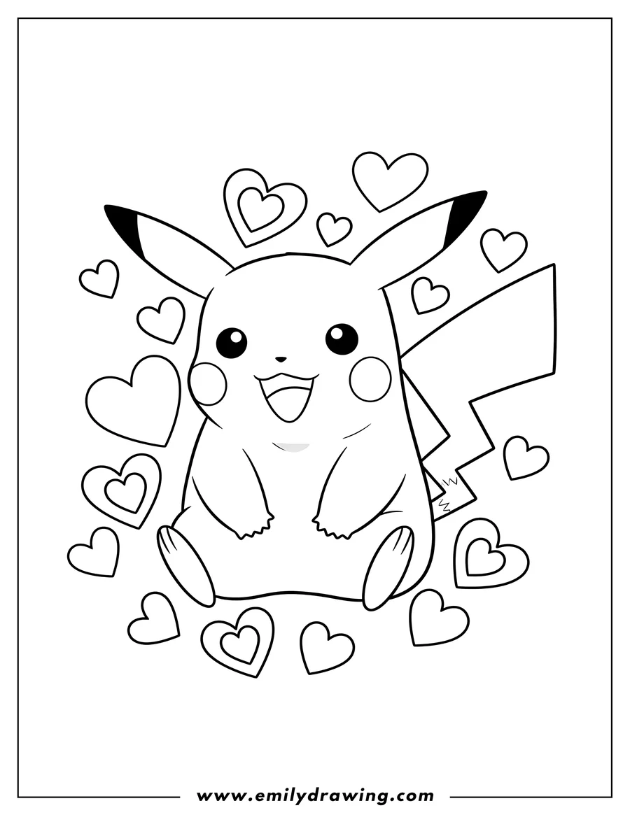 Printable coloring page of easy Pikachu sitting and smiling, surrounded by love hearts for Valentine's Day