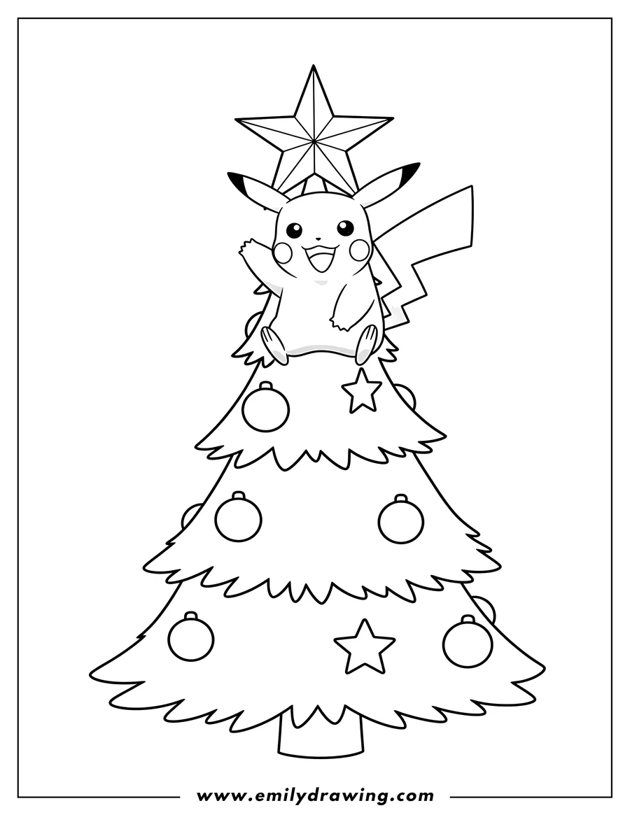 Free to print drawing of pikachu with a playful expression waving from a Christmas tree topped with a star