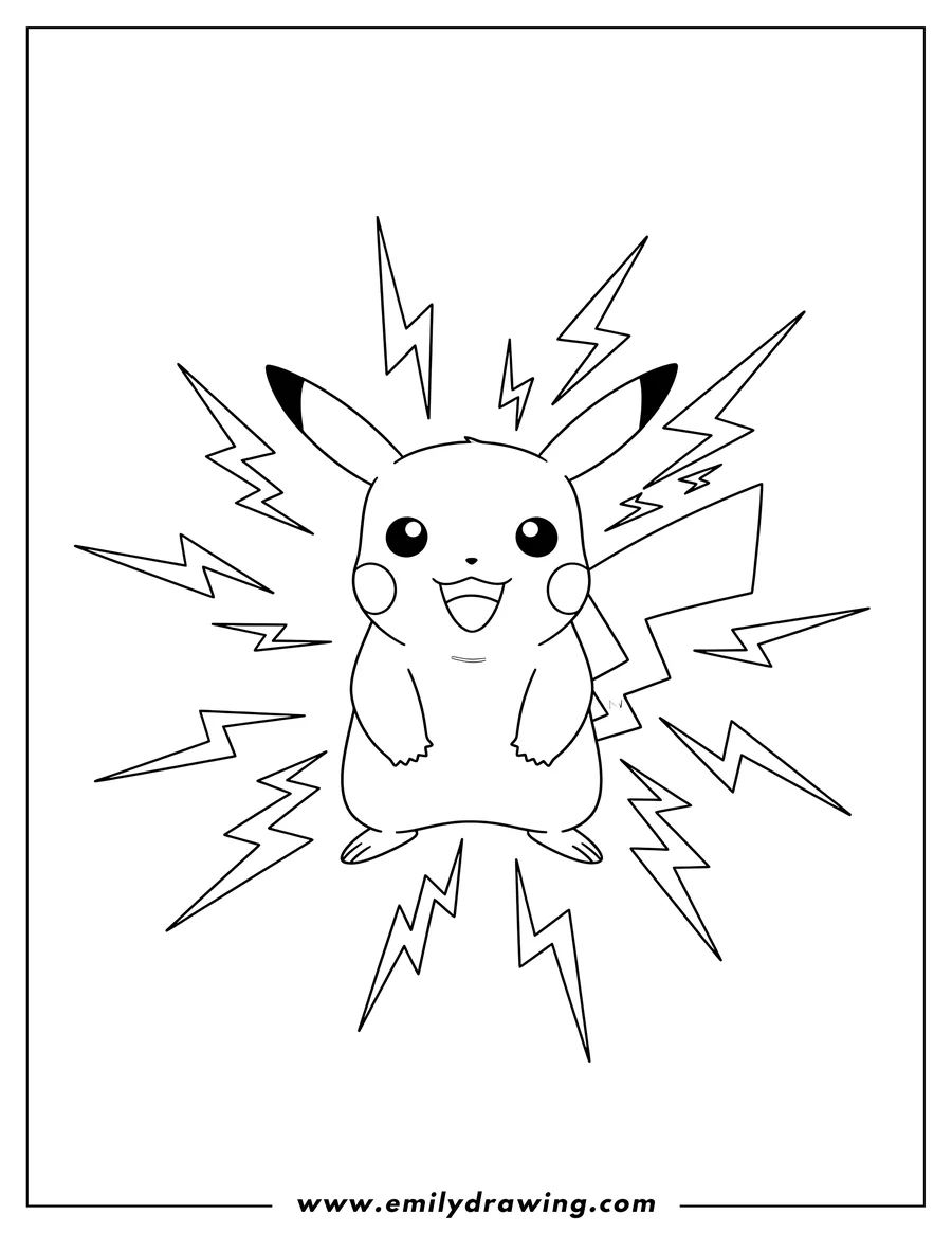 Coloring page for kids: easy Pikachu standing, facing forward, with electricity bursting around it