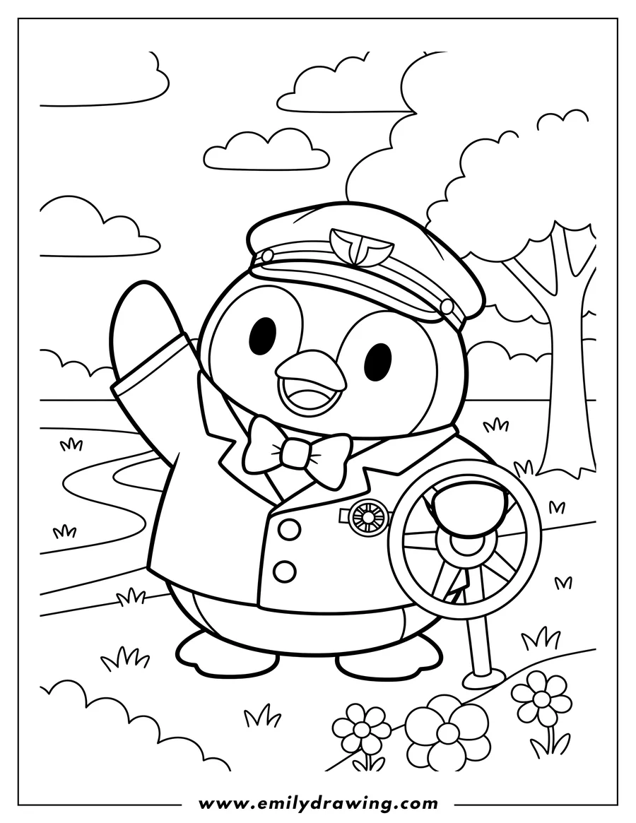 Coloring page for kids: pilot Tuxedo Sam in a park, wearing a bowtie, waving, with a steering wheel emblem