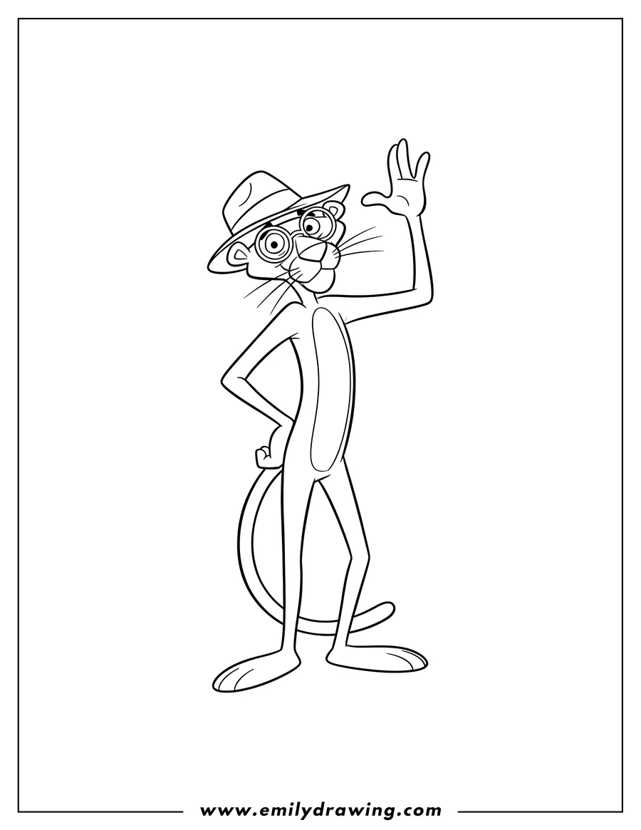 Downloadable coloring page of pink Panther posing with hand up and glasses
