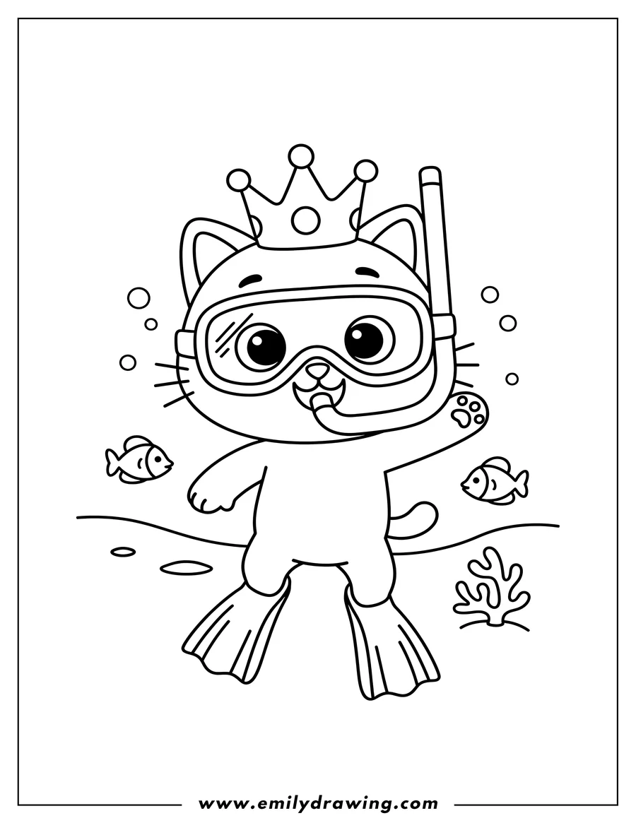 Coloring sheet featuring pinkfong Cat Snorkeling, wearing a crown and waving