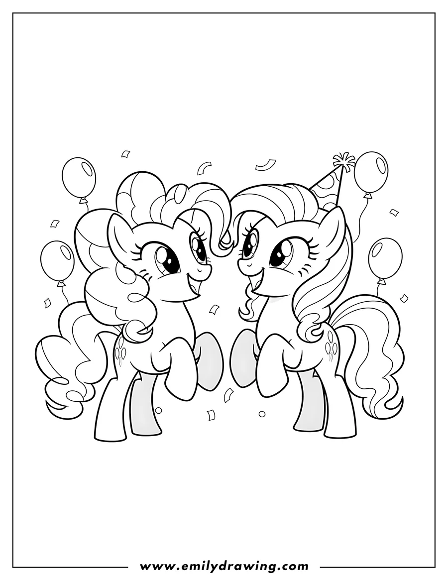 Printable coloring page of pinkie Pie and Cheese Sandwich smiling and looking at each other