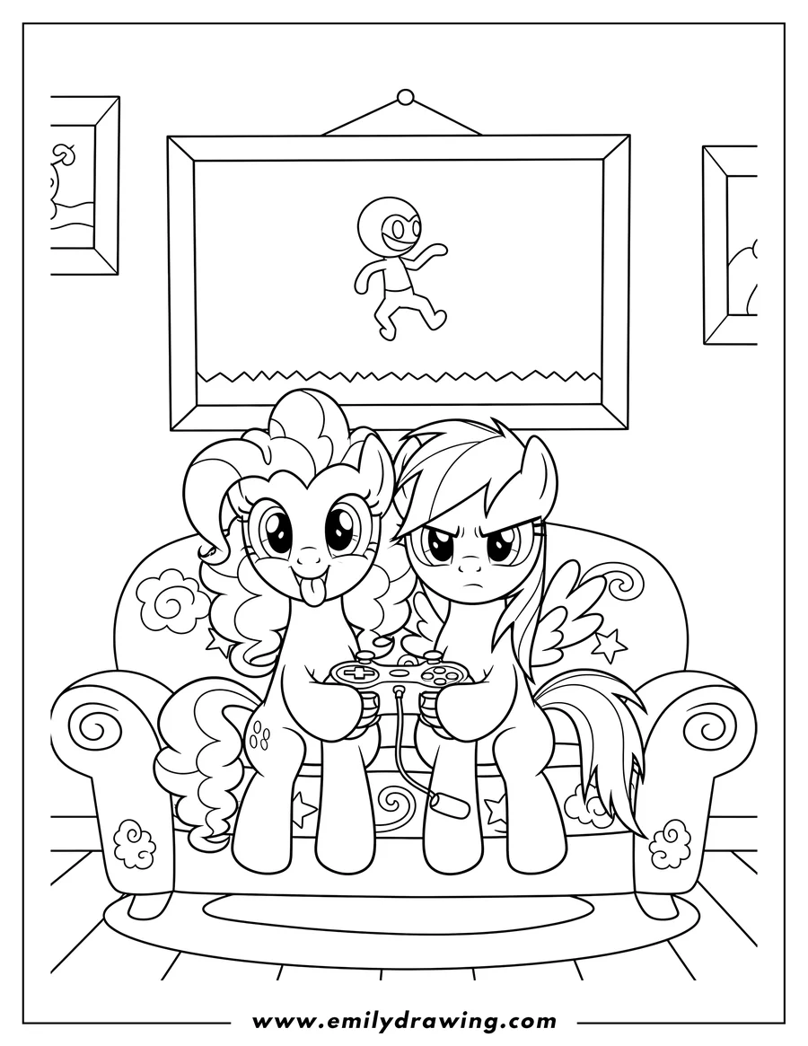 Clean line drawing: pinkie Pie And Rainbow Dash playing video games, sitting on a couch and sharing a controller