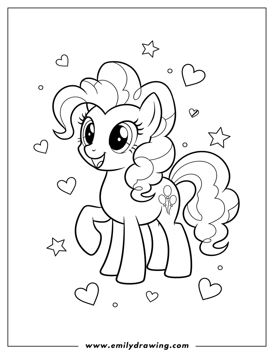 Coloring sheet featuring easy Pinkie Pie pony smiling, with hearts and stars