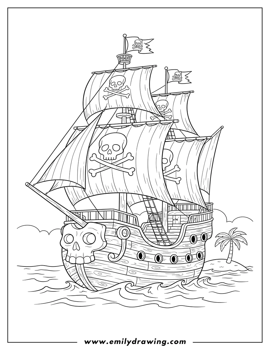 Simple sketch of pirate Ship Scaled with skull and crossbones sails and flags to color