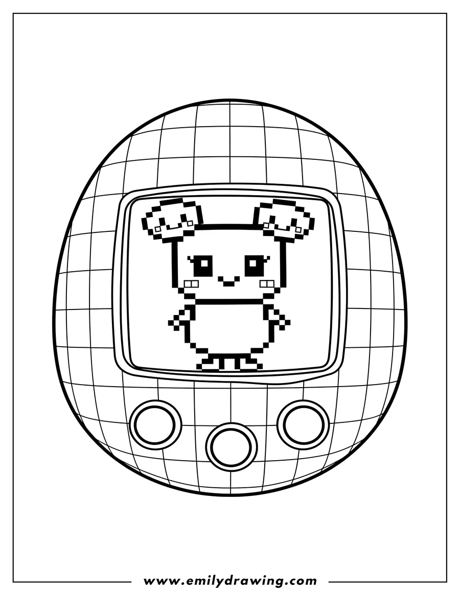 PDF style coloring page: pixelized Tamagotchi featuring Tomomi on the screen, with a small pixel character above and three round buttons below