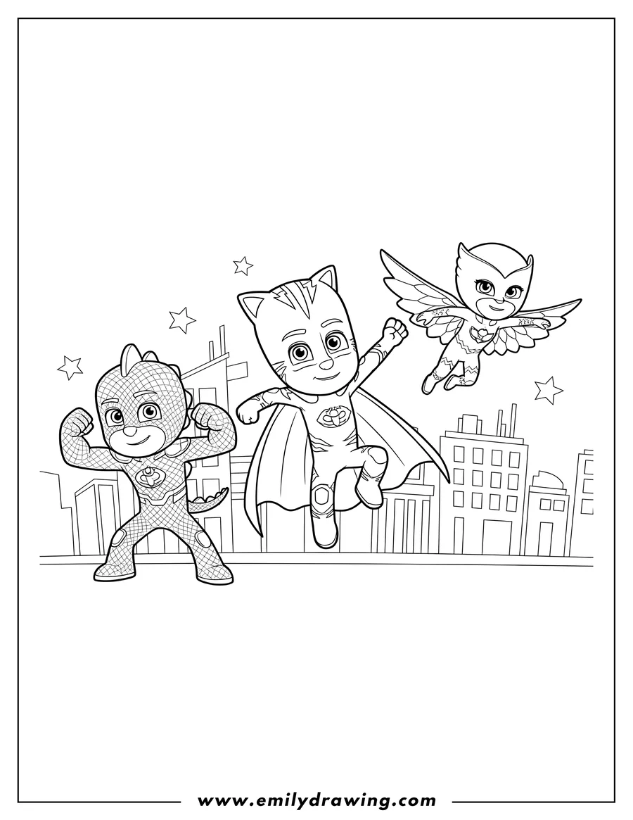 PDF style coloring page: pj Mask Gekko Owlette And Catboy Poster in dynamic action poses