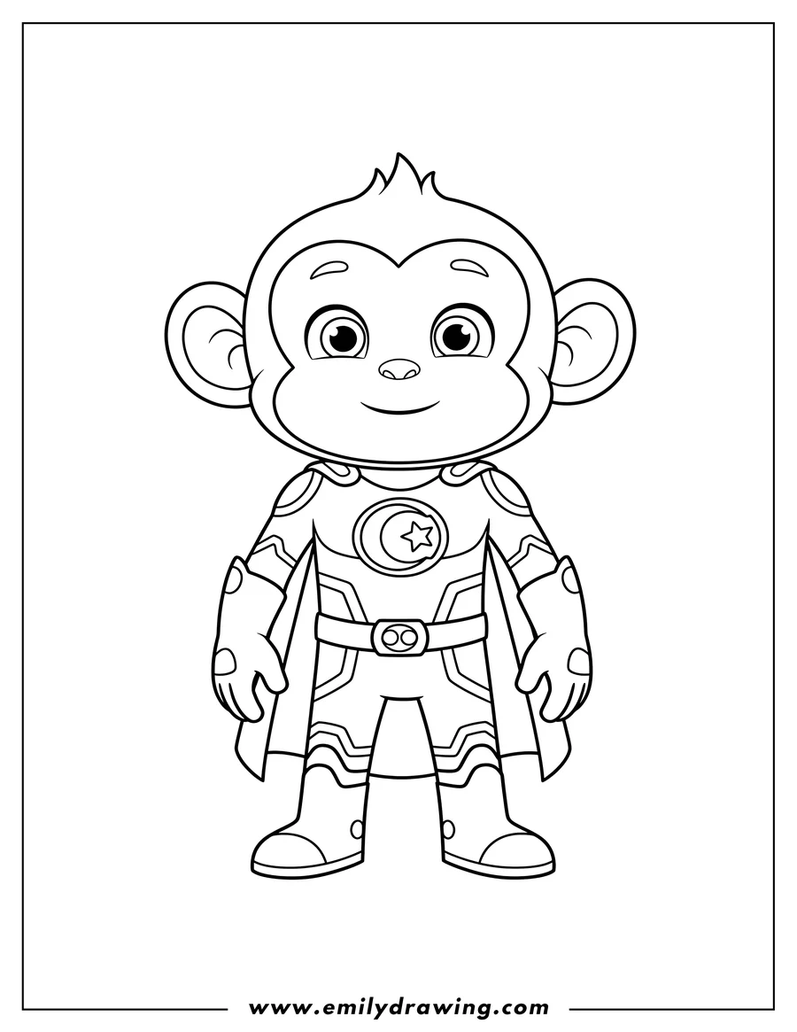 Linear illustration of pj Mask Munki Gu monkey in a superhero costume, smiling